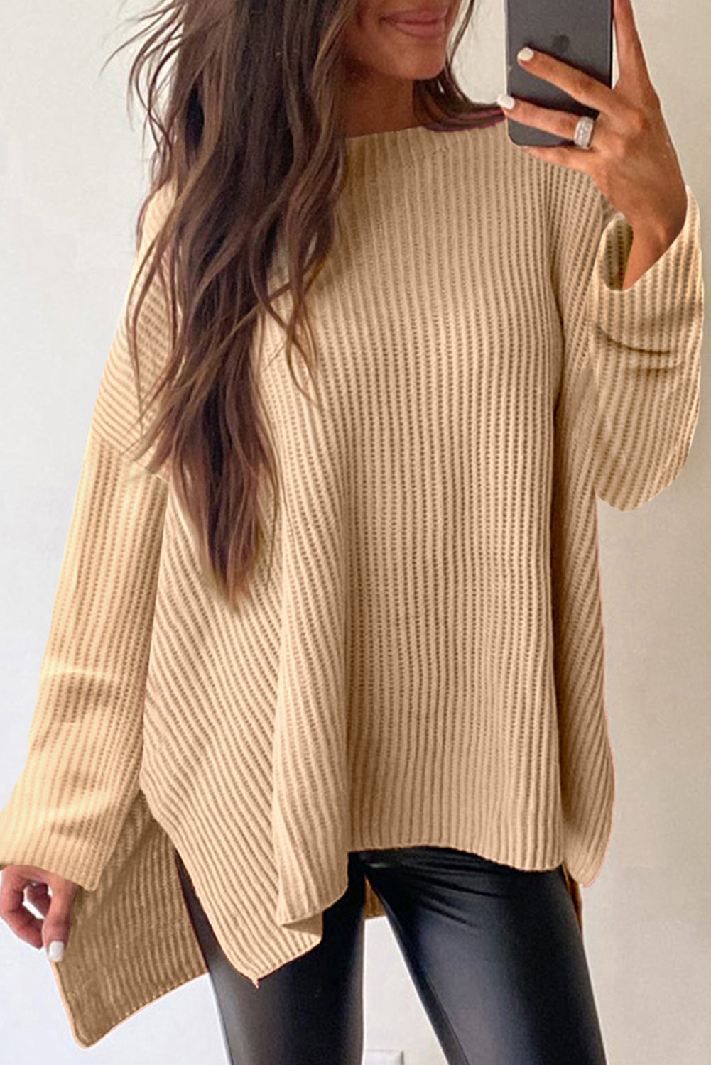 Pull femme en maille, épaules tombantes, ample, torsadé — abricot