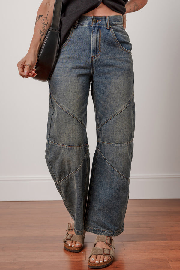 Jean femme taille haute, ample — bleu