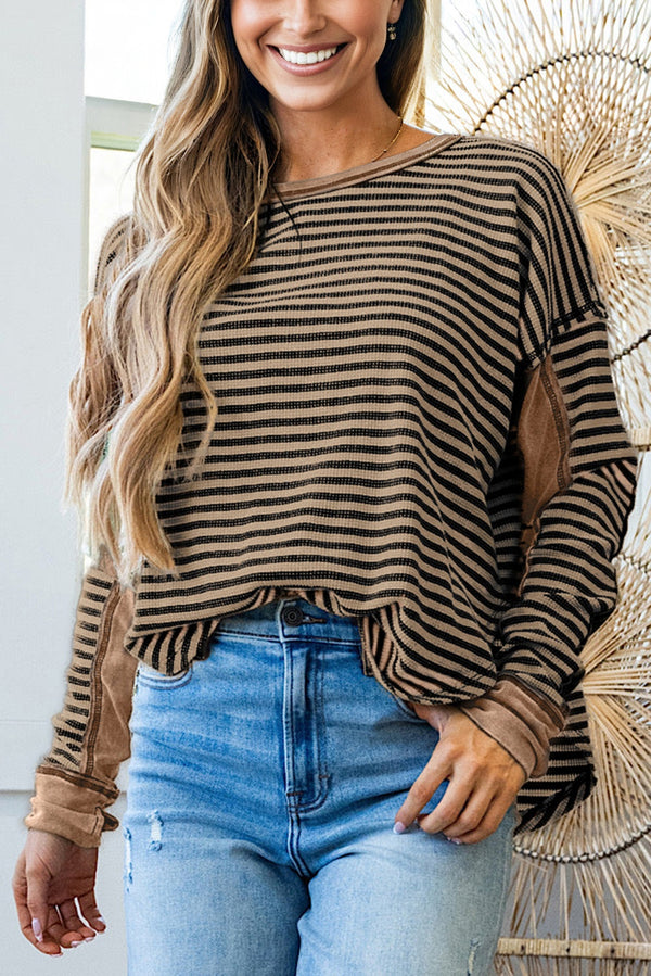 Haut femme rayé, en maille, épaules tombantes, casual — kaki