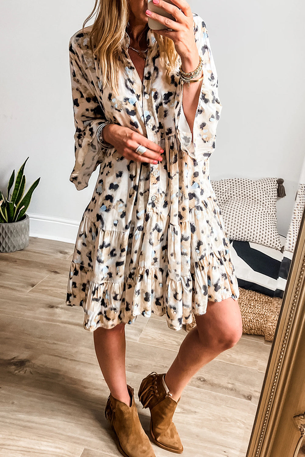 Robe femme léopard, à volants, à étages, boutonnée — kaki
