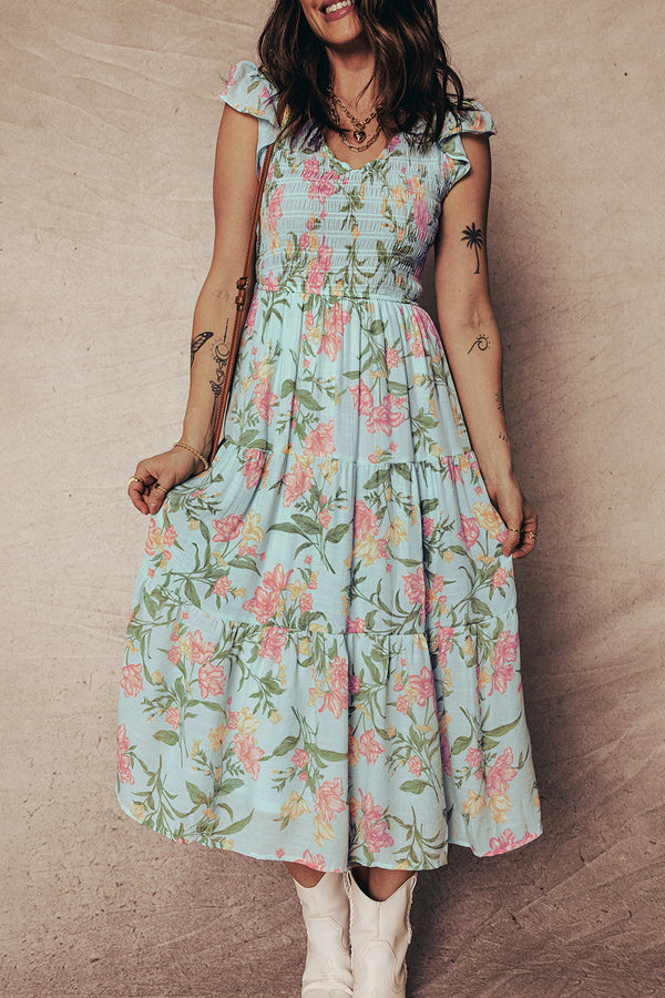 Robe longue femme floral, à volants, smocké, à étages, sans manches, maxi — jaune