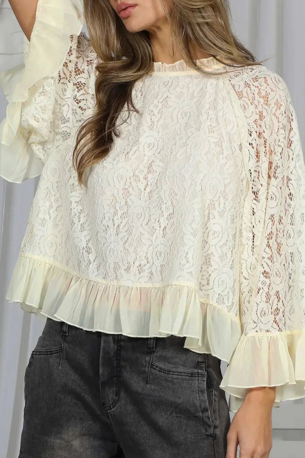 Blouse femme transparent, à volants, manches longues, ample — blanc