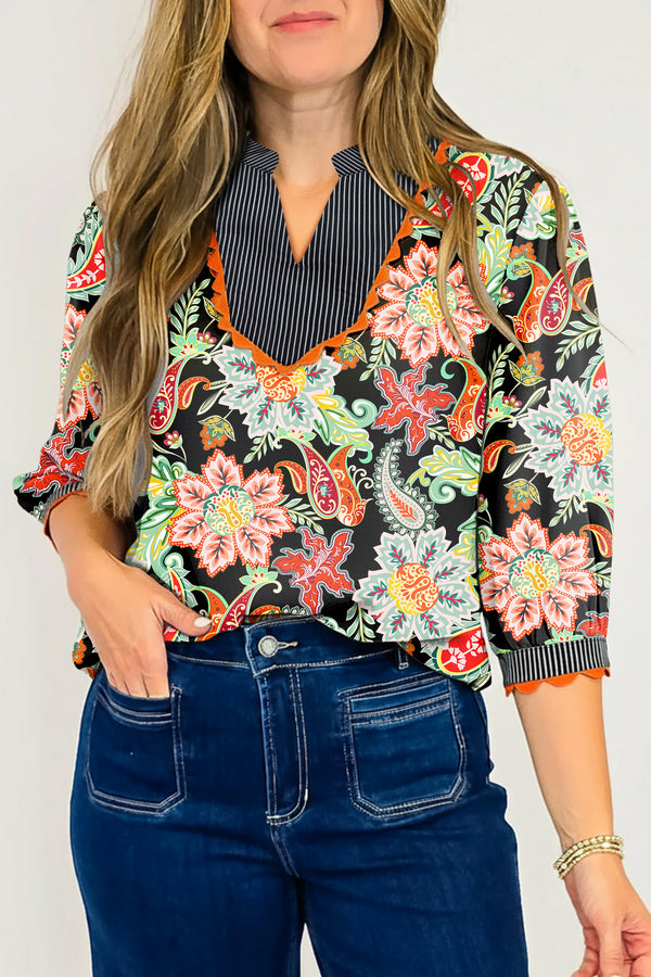 Blouse femme floral, rayé, patchwork — noir