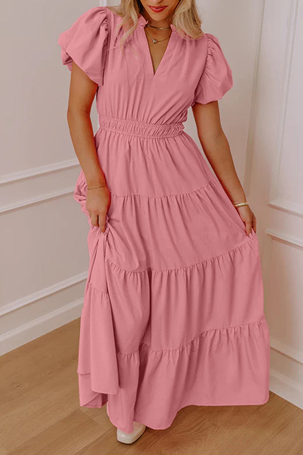 Robe longue femme à étages, manches bouffantes, col V, taille haute, uni, maxi — rose