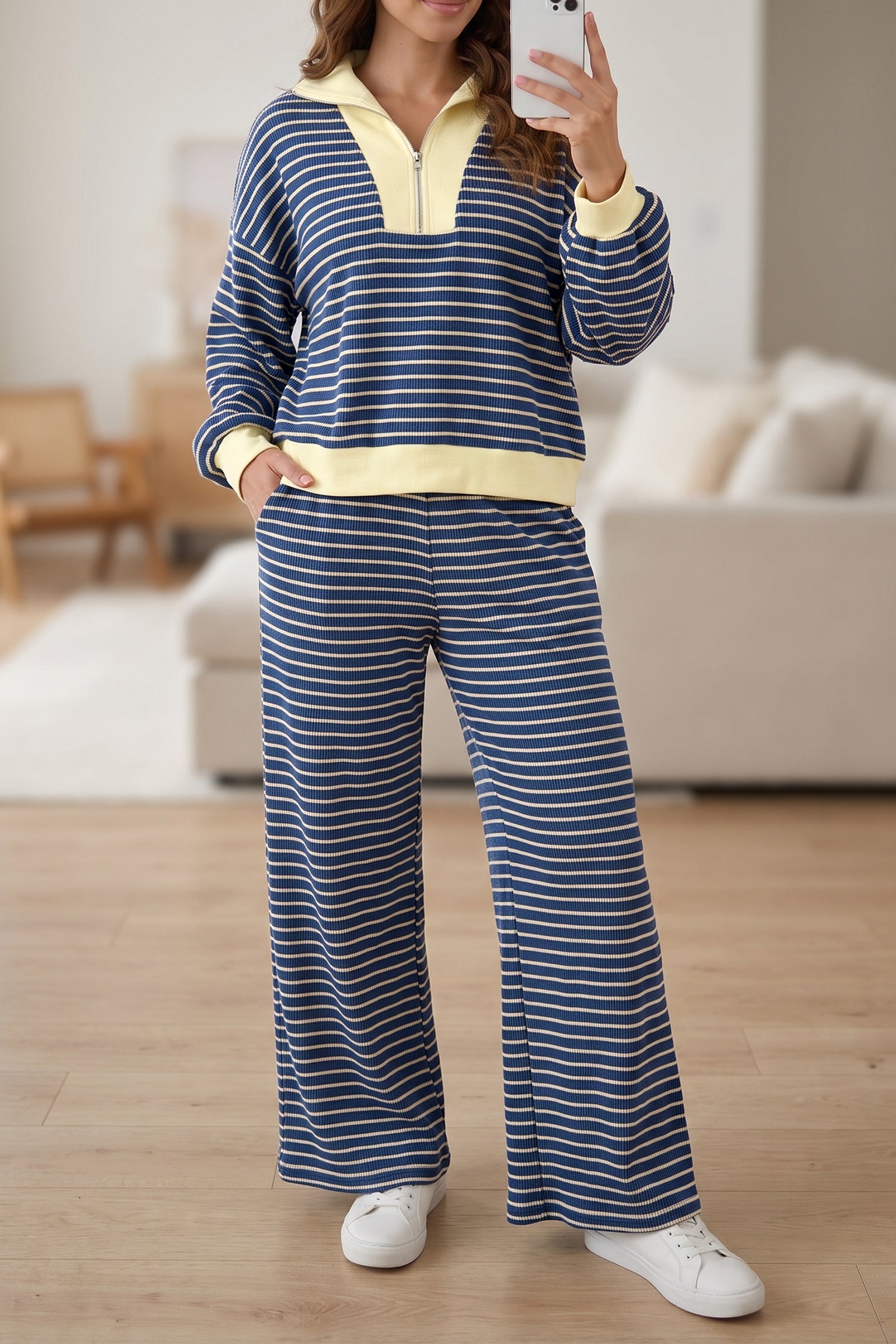 Ensemble femme rayé, patchwork, zip, col V, ample, colorblock — bleu