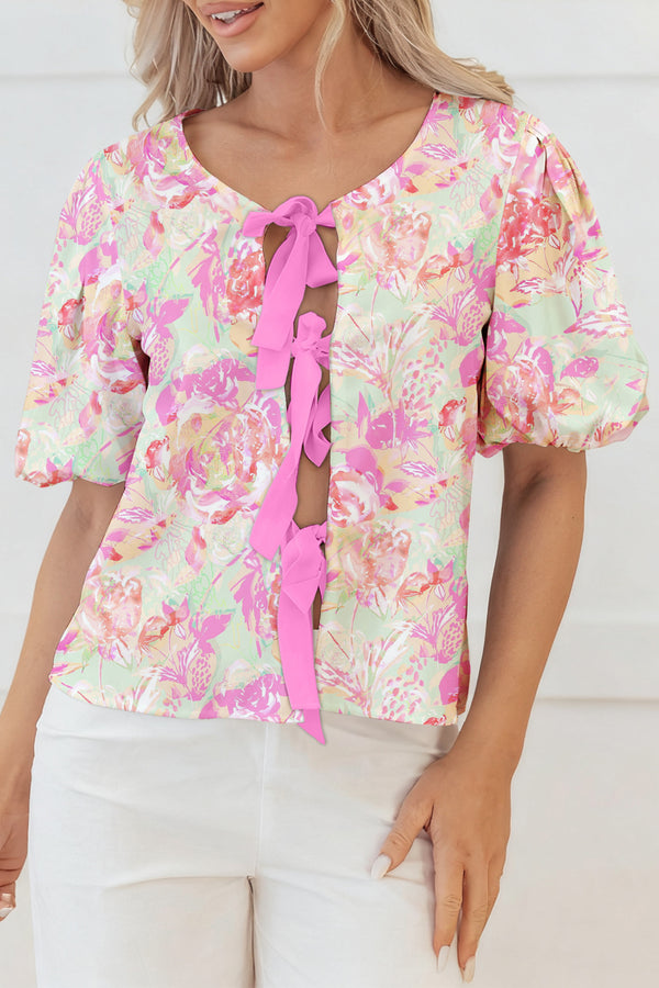 Short femme floral, manches bouffantes — rose