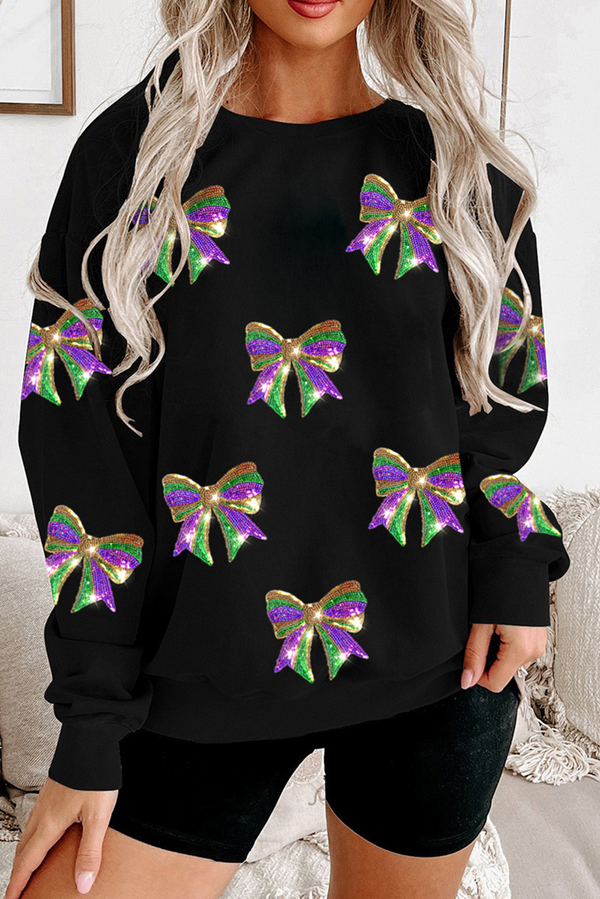 Sweat femme graphique, paillettes, épaules tombantes — noir
