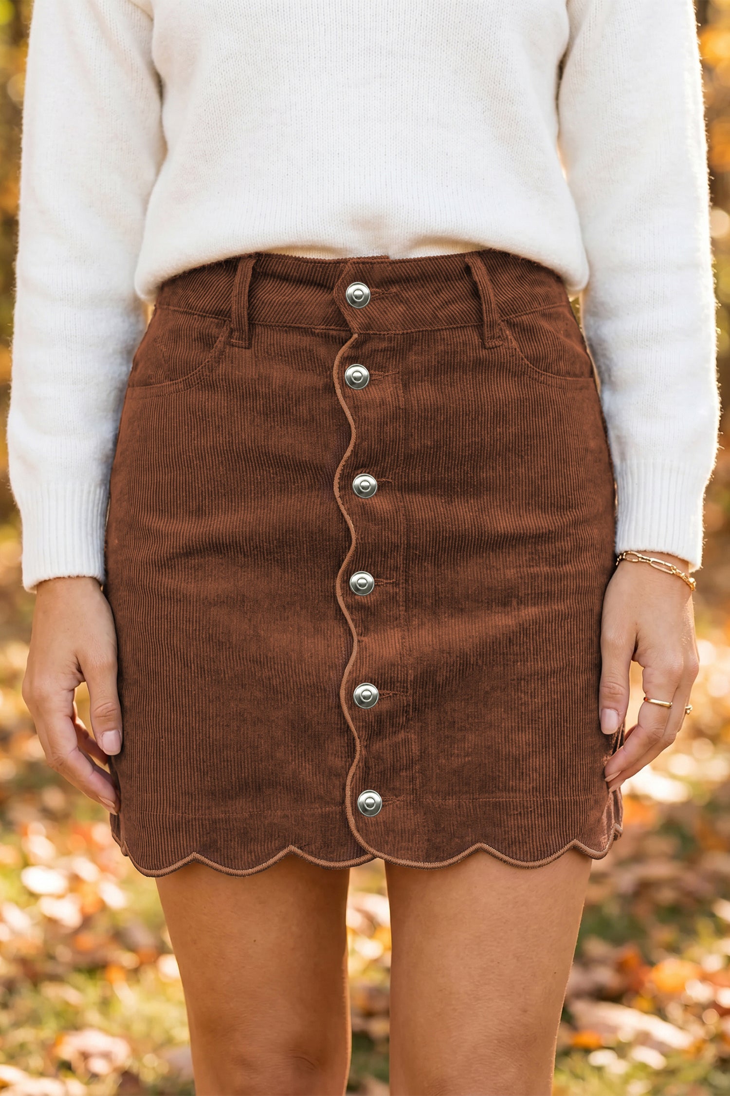 Jupe femme boutonnée, poches, mini — café