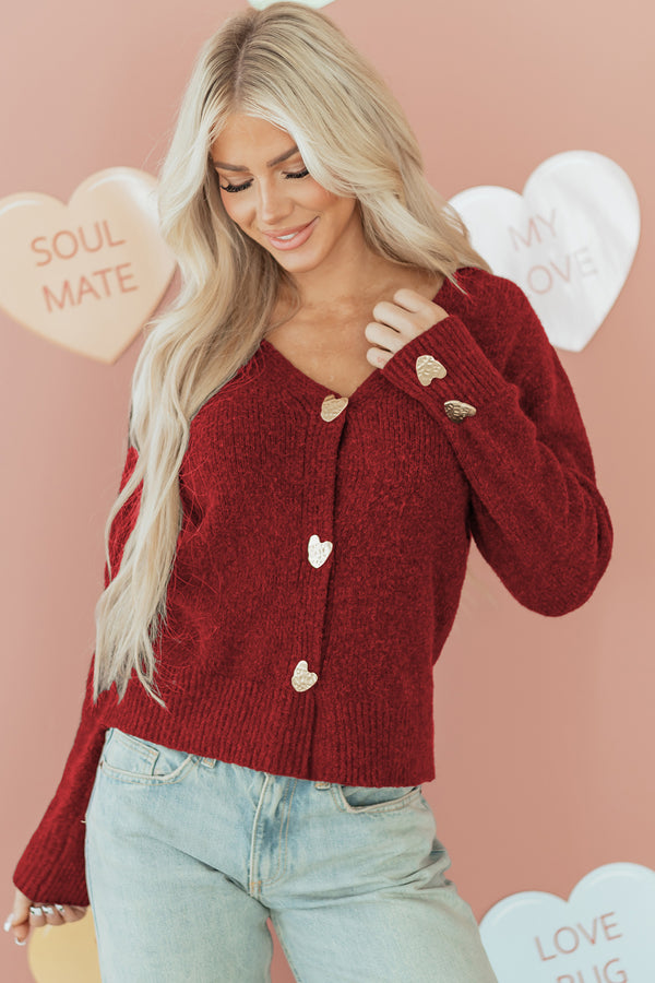 Cardigan femme boutonnée, col V — rouge feu