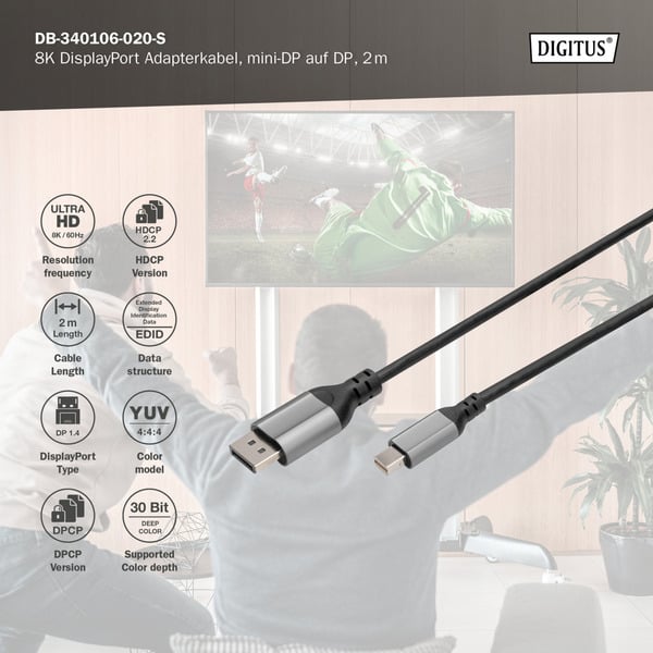 (€ 3,82 / 1 m) Digitus 8K DisplayPort Adapterkabel, mini DisplayPort > DisplayPort - Digitus - vue 5