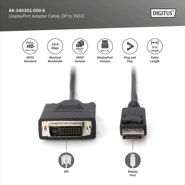 (€ 1,81 / 1 m) Digitus Adapterkabel DisplayPort > DVI-D - Digitus - vue 4