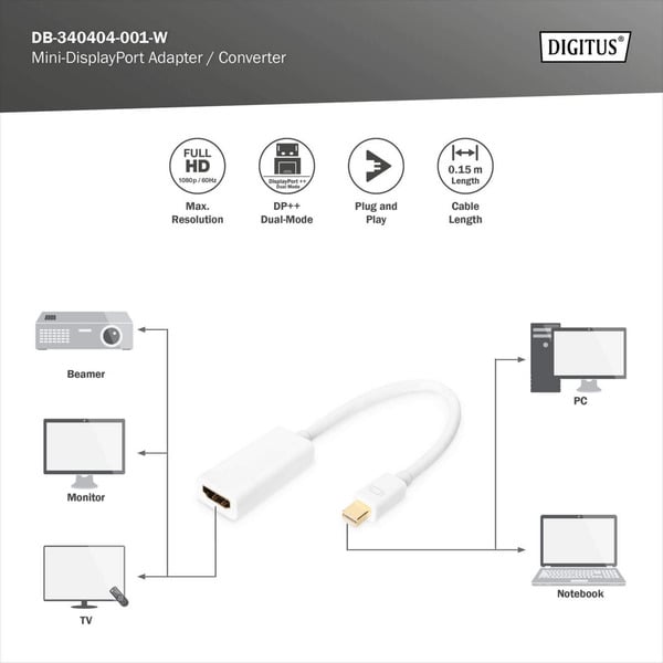 (€ 48,13 / 1 m) Digitus Adapterkabel mini DisplayPort > HDMI, Full HD - Digitus - vue 5