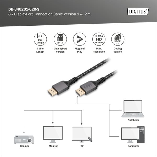 Digitus DisplayPort 1.4 Premium Anschlusskabel, UHD 8K - Digitus - vue 6