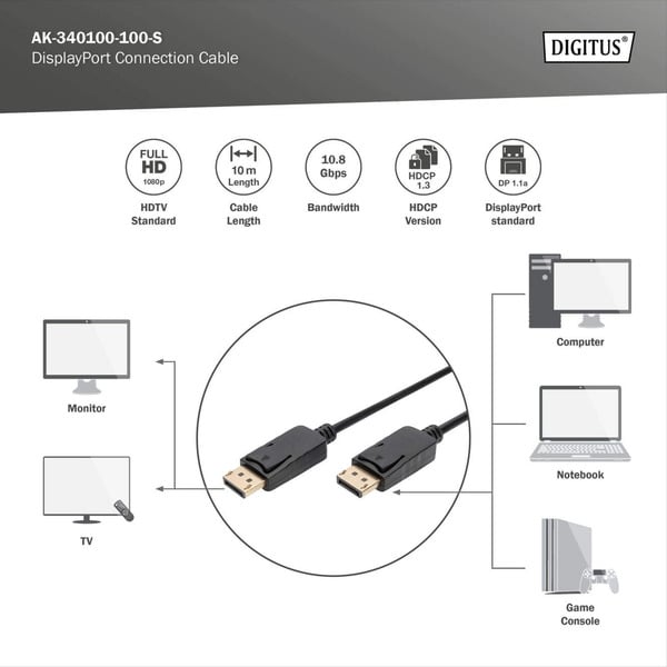(€ 1,22 / 1 m) Digitus DisplayPort Anschlusskabel, Full HD 1080p - Digitus - vue 4