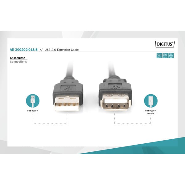 (€ 2,04 / 1 m) Digitus USB 2.0 Verlängerungskabel, USB-A Stecker > USB-A Buchse - Digitus - vue 3