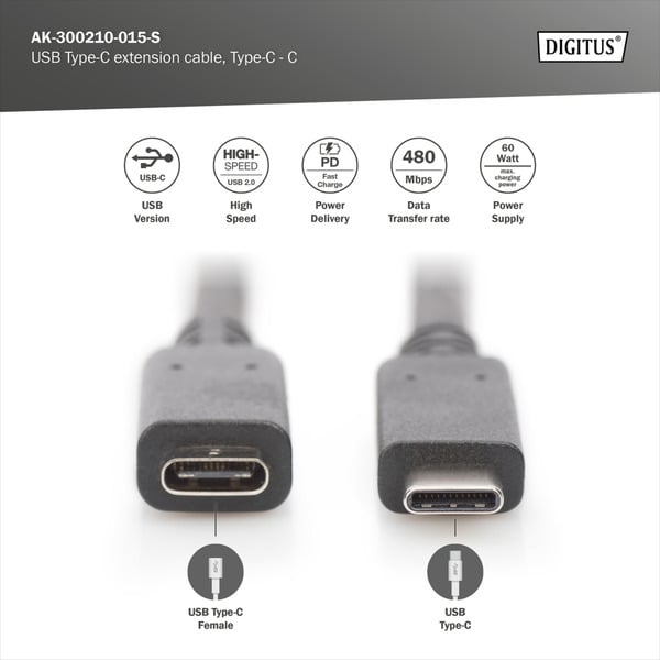(€ 5,03 / 1 m) Digitus USB 2.0 Verlängerungskabel, USB-C Stecker > USB-C Buchse - Digitus - vue 5