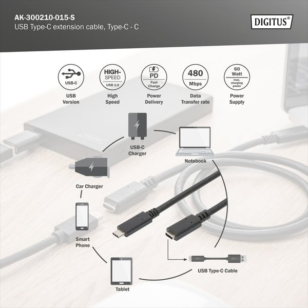 (€ 5,03 / 1 m) Digitus USB 2.0 Verlängerungskabel, USB-C Stecker > USB-C Buchse - Digitus - vue 6