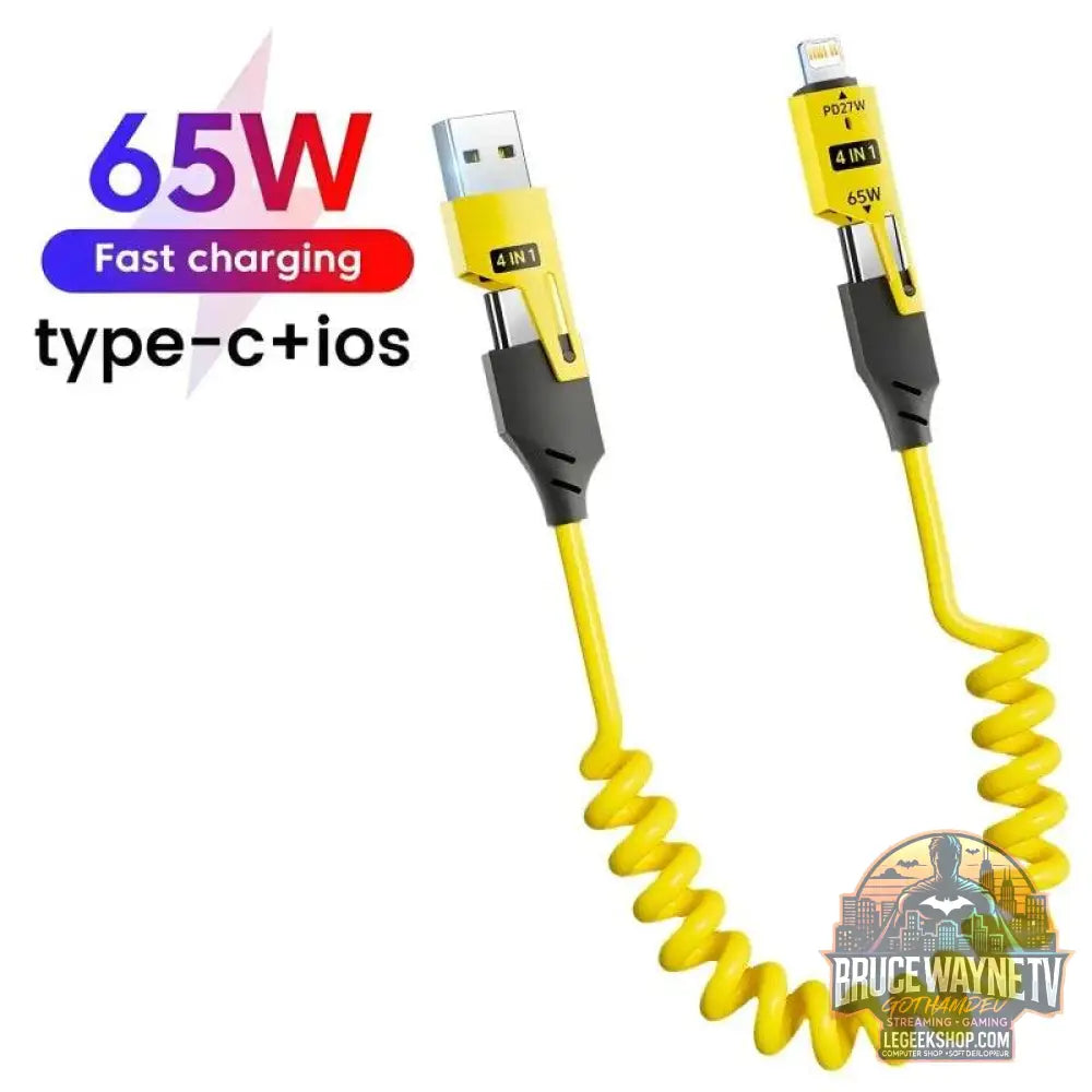 🔌 Câble de Données Court à Ressort 4-en-1 – 65W 6A | Chargeur Rapide USB Type-C & Lightning - Legeekshop