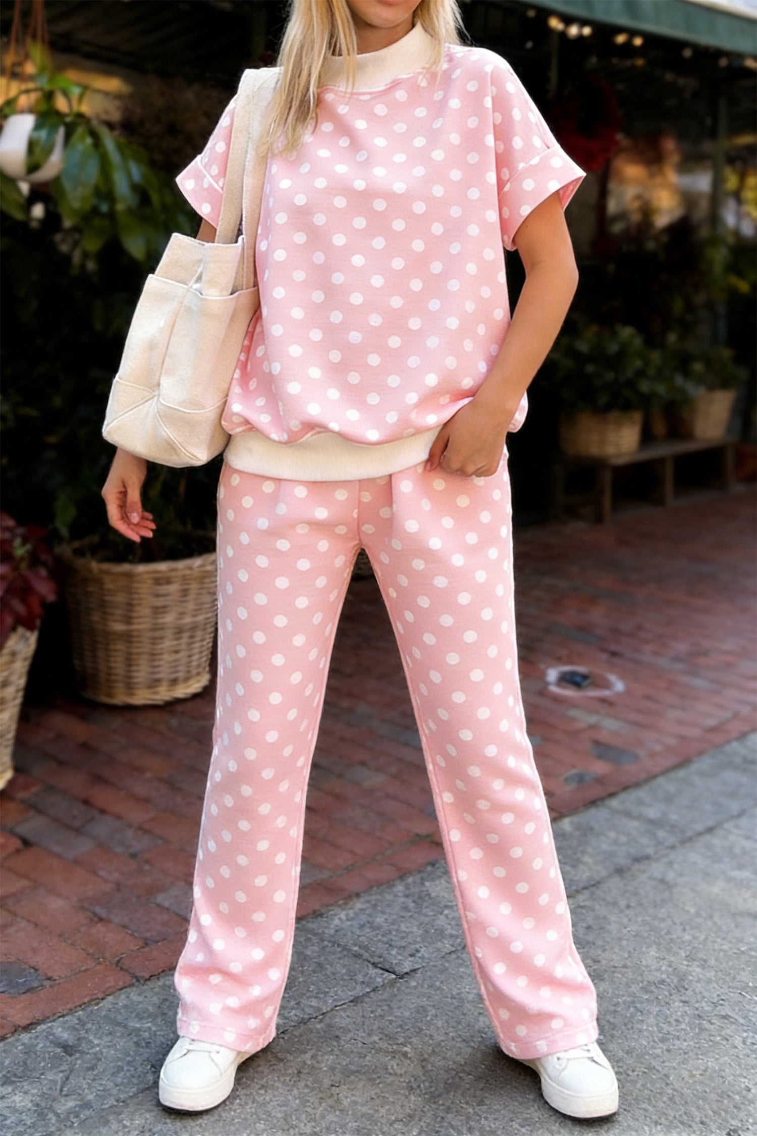Ensemble femme pois, manches courtes, col montant — rose