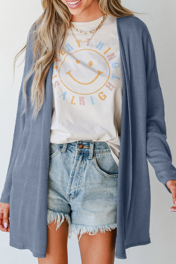 Ashleigh Blue Solid Color Rib Knit Open Front Tunic Cardigan femme