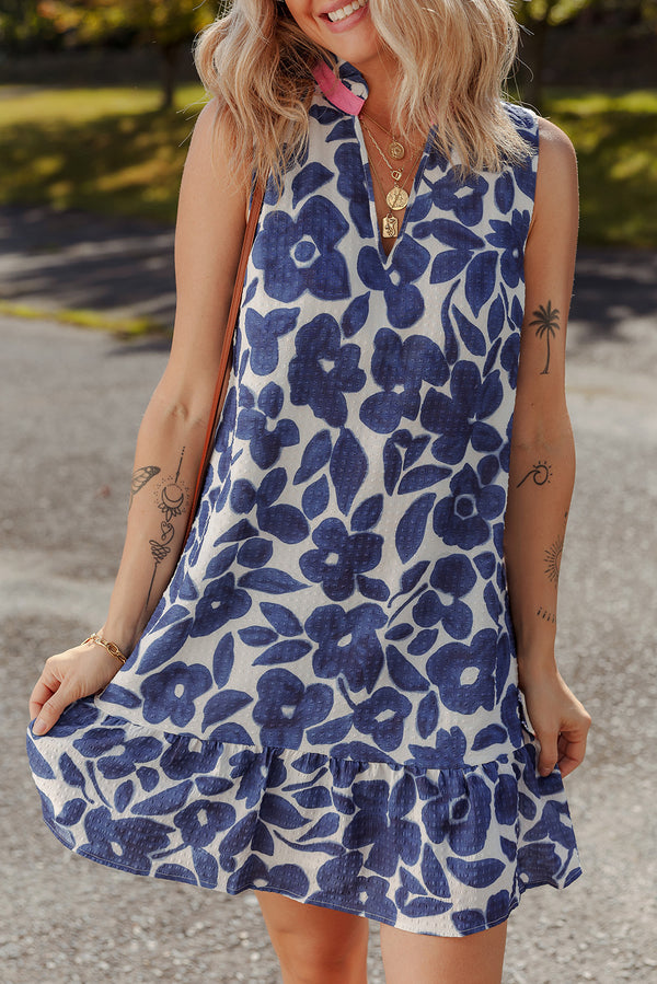 Robe courte femme floral, sans manches, col V, colorblock — bleu