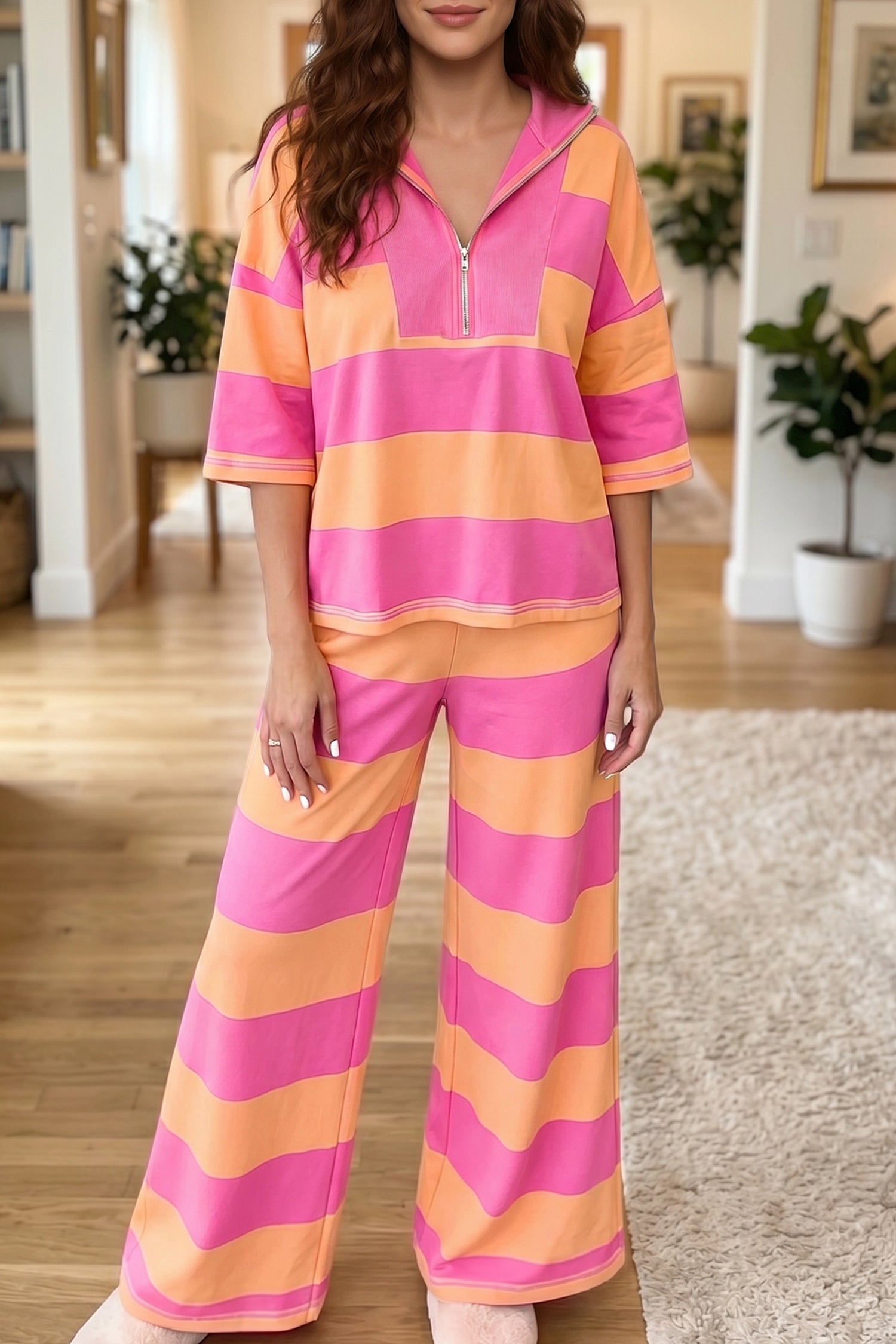 Ensemble femme rayé, manches 3/4, ample, casual, colorblock — orange