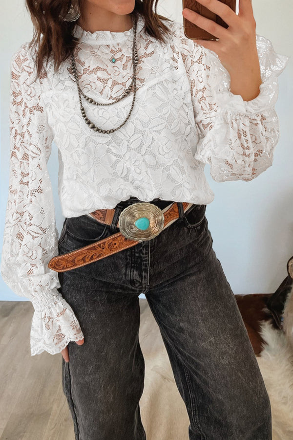 Blouse femme transparent, à volants, col rond — blanc
