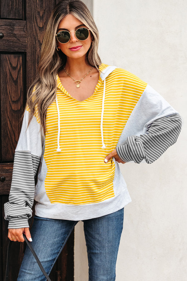 Haut femme rayé, à cordon, à capuche, col V, ample, colorblock — jaune