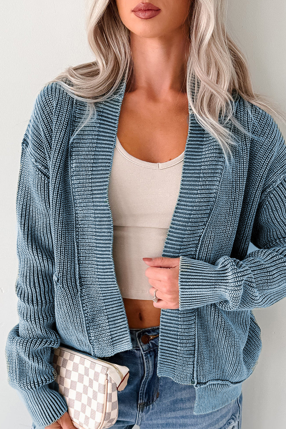 Evergreen Mineral Wash Exposed Seam Patchwork Knit Open Sweater Cardigan femme