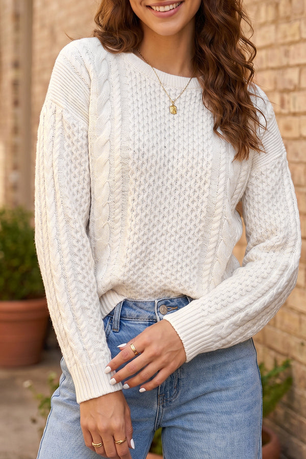 Pull femme en maille, col rond, ample, uni — beige
