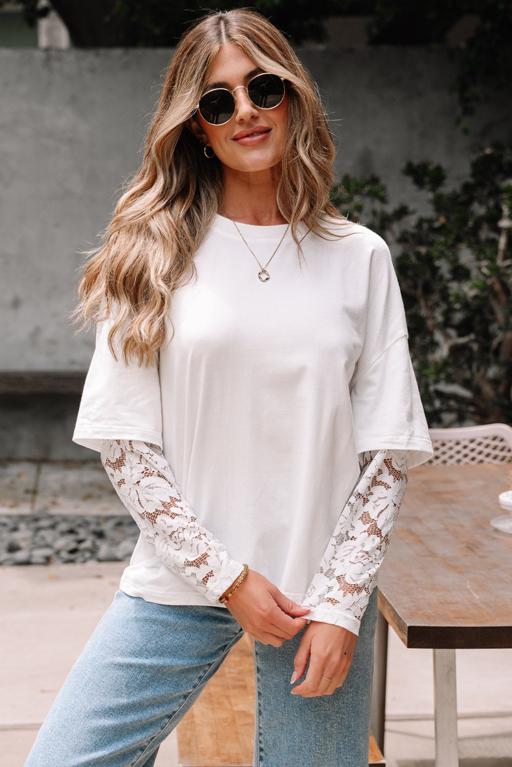 T-shirt femme manches longues, épaules tombantes — blanc