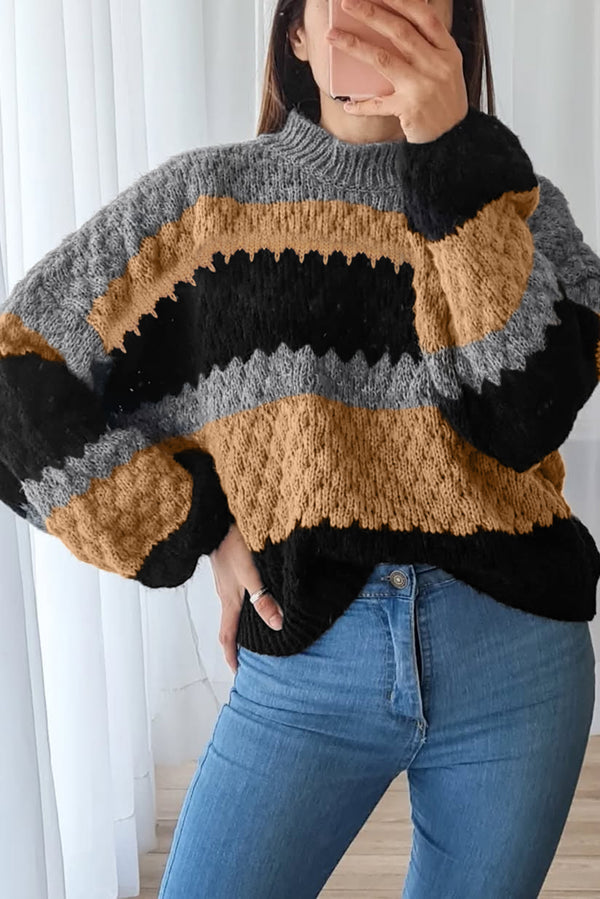 Pull femme col montant, colorblock — kaki