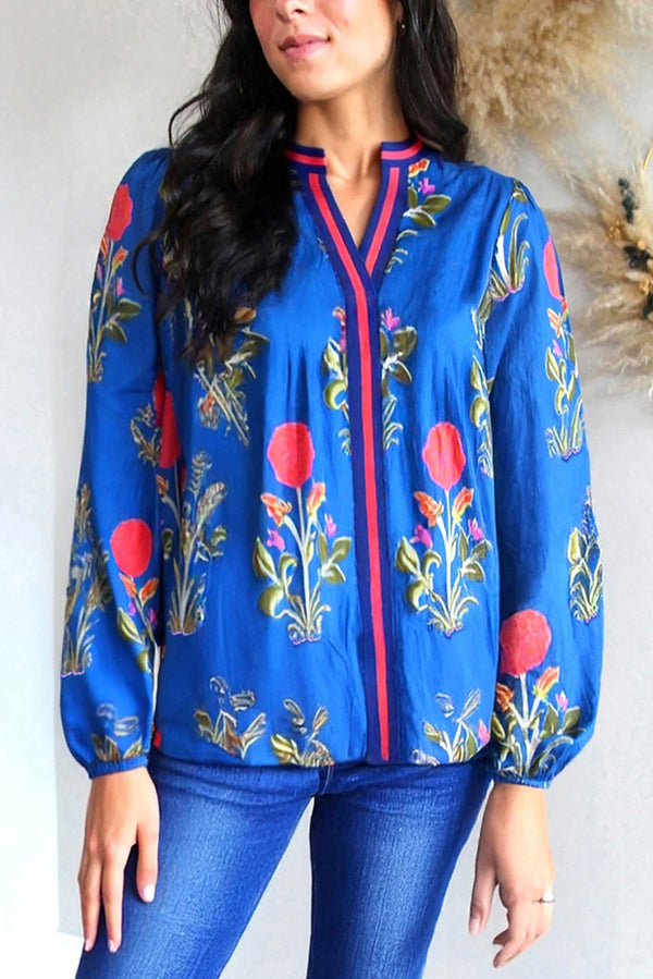 Blouse femme floral, rayé, manches longues — bleu