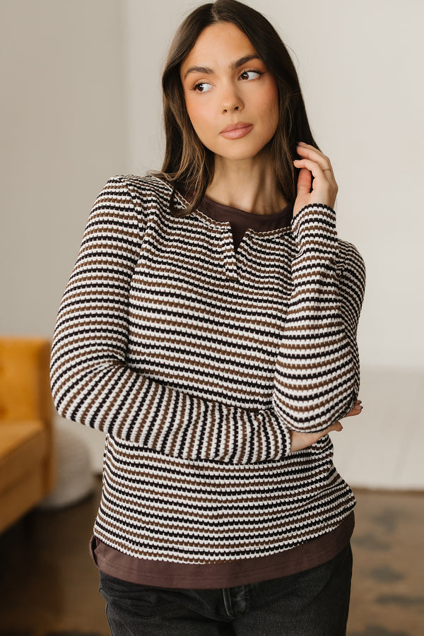Ensemble femme rayé, manches longues, col rond — marron