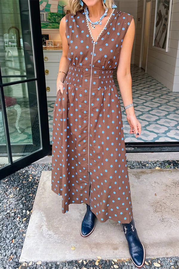 Robe femme pois, zip, sans manches, col V, bordure contrastée — marron