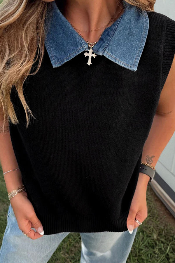 Pull femme patchwork, en maille, uni, denim — noir