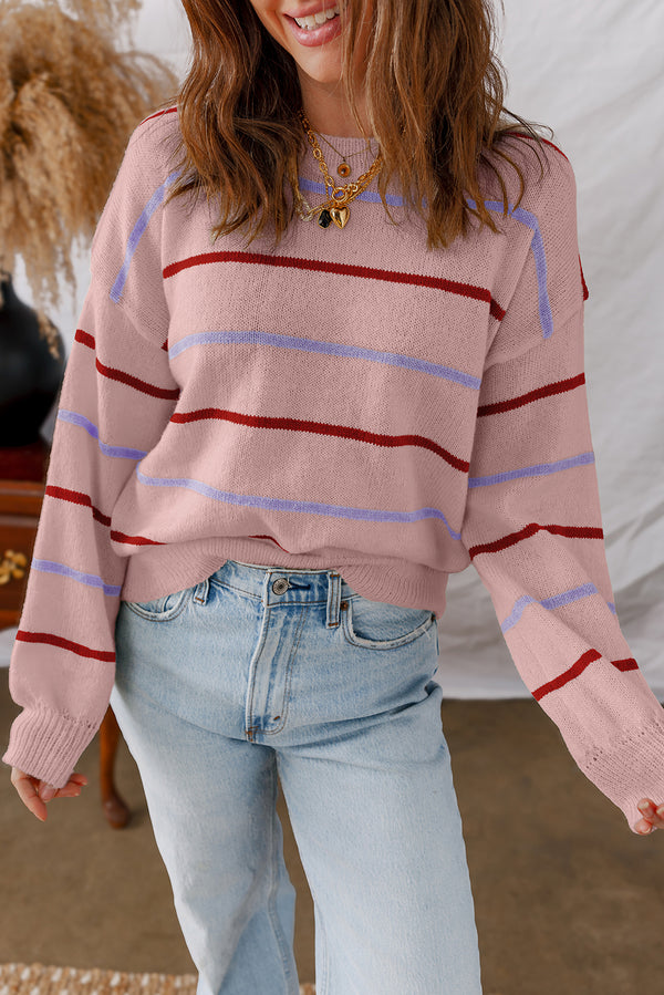 Pull femme rayé, épaules tombantes, côtelé — rose