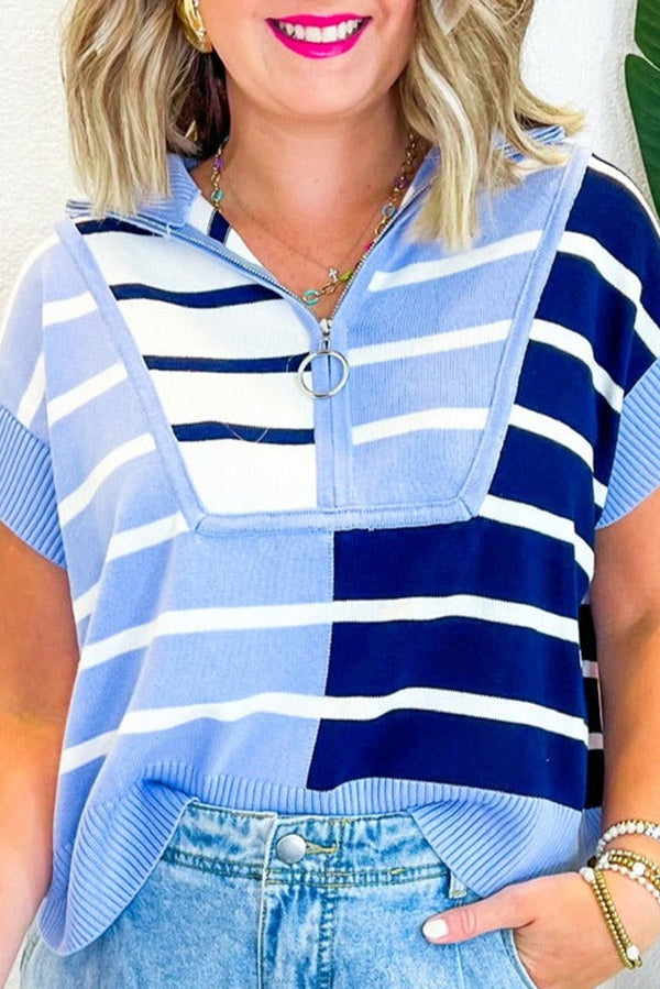 Pull femme rayé, zip, colorblock — bleu ciel