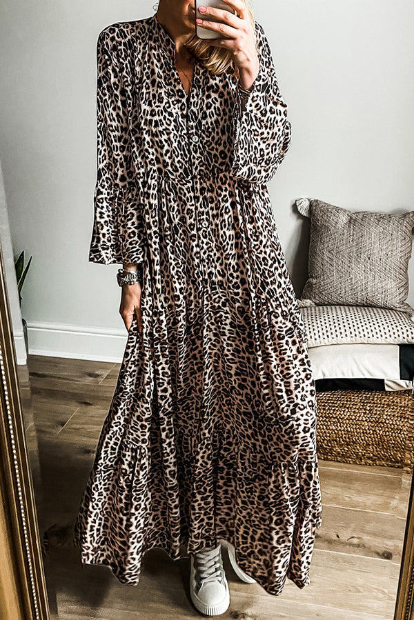 Robe longue femme léopard, à étages, maxi — abricot