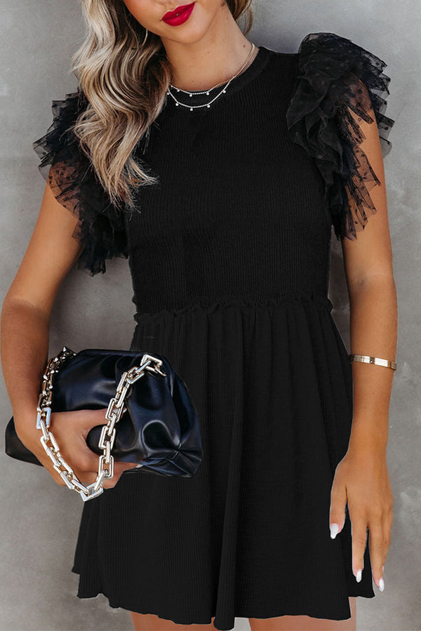 Robe courte femme en maille, transparent, à volants — noir