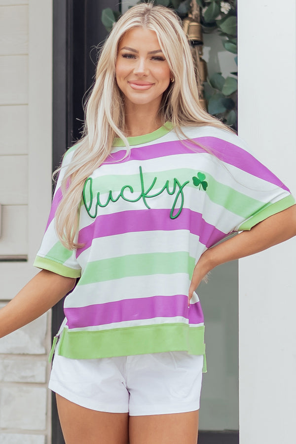 T-shirt femme brodé, graphique, rayé, ample — vert · LC25230567-P919 · LC25230567-P919-L