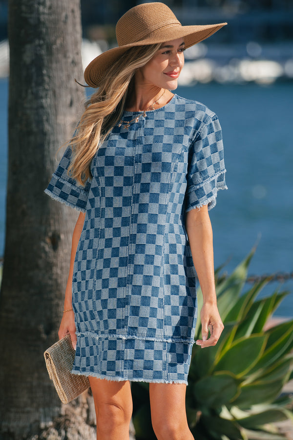 Robe courte femme à carreaux, denim — bleu ciel