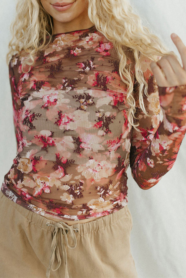 Haut femme floral, transparent, manches longues — rouge