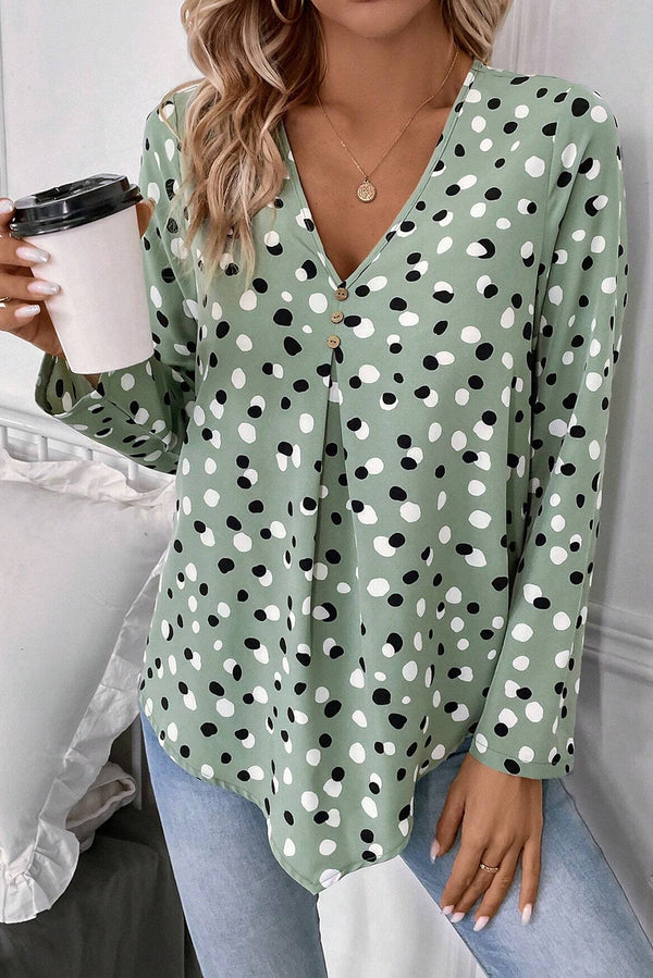Blouse femme pois, boutonnée, col V — vert