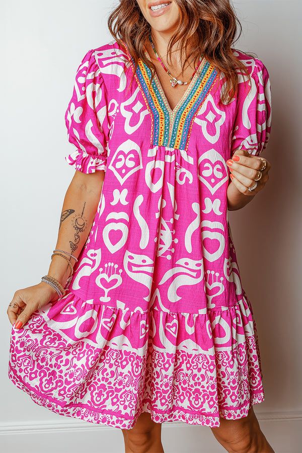 Robe femme manches courtes, col V, bordure contrastée