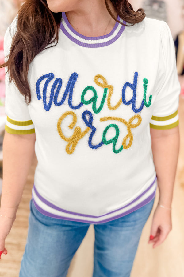 Pull femme graphique, manches courtes — blanc