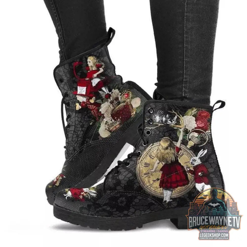 Bottes Combat Gothiques Cuir Vegan Imprimé Punk Martin - Red Rabbit / Size35 - Bottes Femme