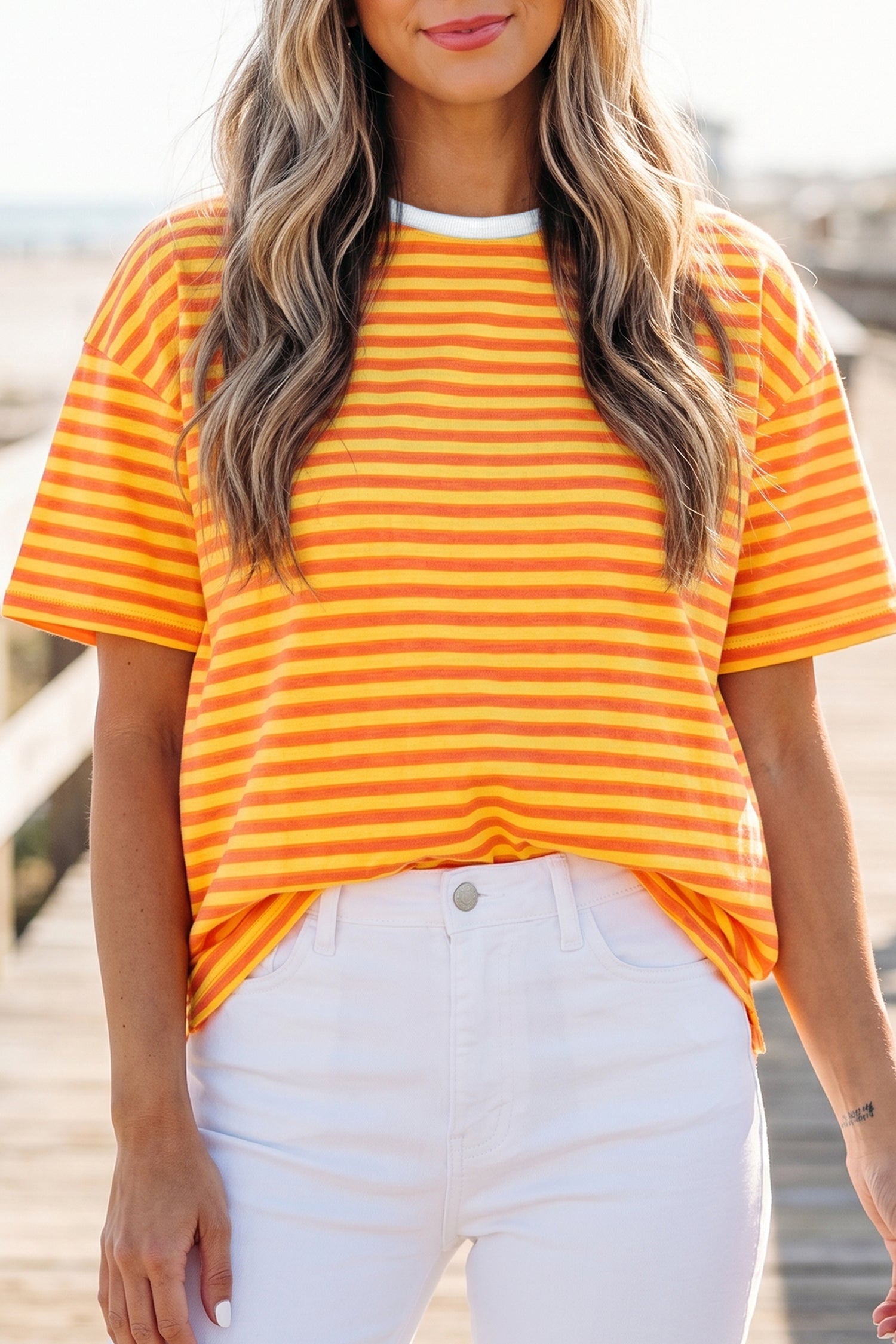 T-shirt femme rayé, épaules tombantes, col rond, ample — orange
