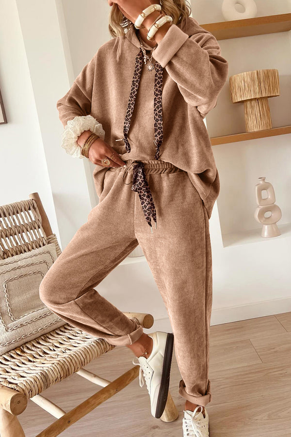 Pantalon femme léopard, à cordon, à capuche, taille haute — kaki