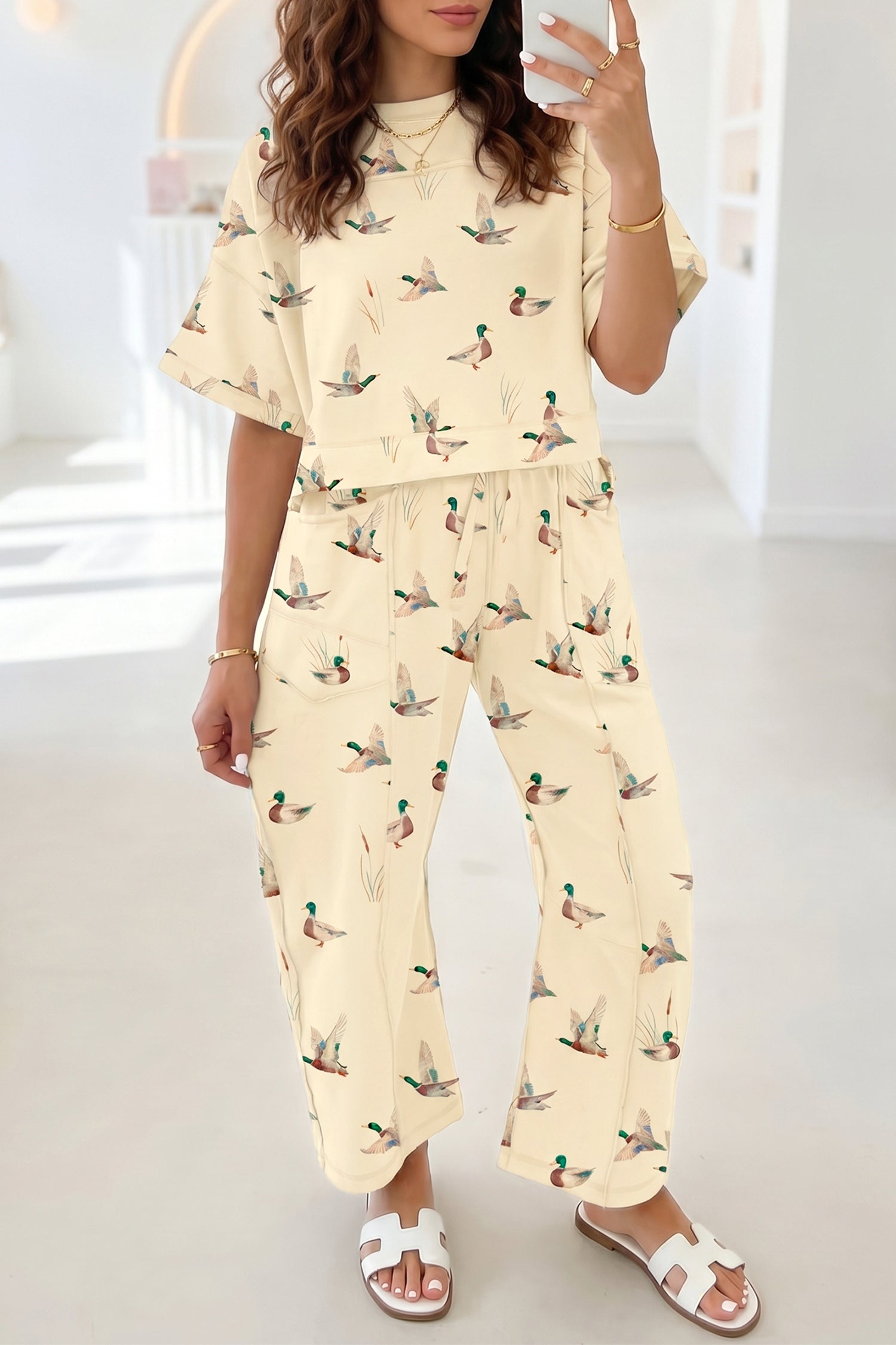 Ensemble femme poches, manches courtes, casual — beige